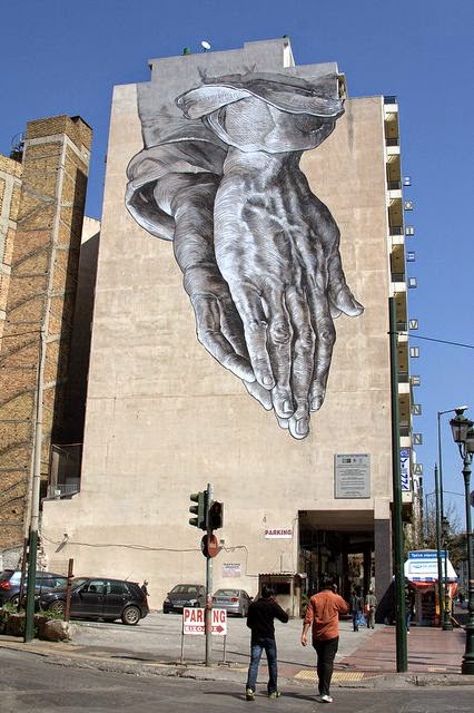 Street artist Ino - inspired by the engraving of the Renaissance painter and engraver Albrecht Dürer. Omonia, Athens